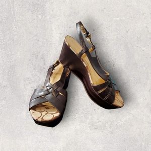 COACH Mollie Brown Leather Wedge Platform Slingback Monogram Sandal 7B N…